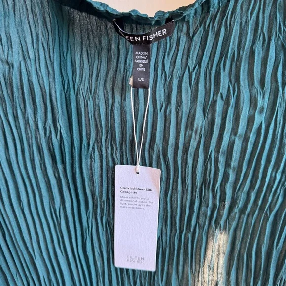 NWT EILEEN FISHER Crinkled Sheer Silk Georgette Bateau Neck Long Top Sz L - Picture 7 of 11